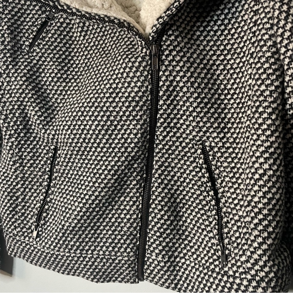 Forever 21 Sherpa Lined Houndstooth Patterned Wool Blend Zip Up Jacket Coat Lg - Picture 5 of 8